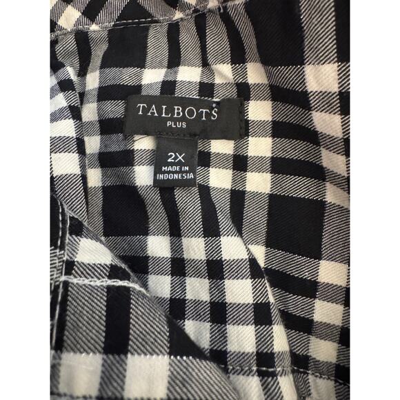 Talbots Top Womens 2X Black Plaid Button Up Long Sleeve Silver Metallic Cotton - Picture 2 of 6